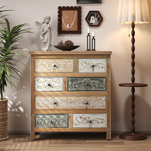 Vintage Carved 7-Drawer Storage Cabinet, Solid Wood Accent Cabinet with Doors for Living Room, Kitchen, Dining Room, 33 Inch Tall, Natural Wood Brown - color: Vintage Carved
