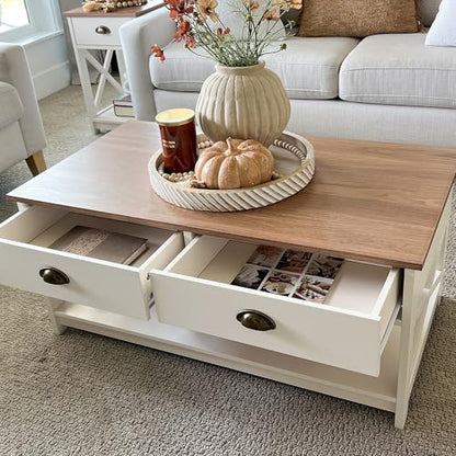 PHI VILLA White Coffee Table with Drawers,2 Tiers Living Room Coffee Table | Storage Shelf Rustic Rectangle Coffee Table with Drawers, Farmhouse Wood Coffee Table, Modern Style - color: Ivory 3
