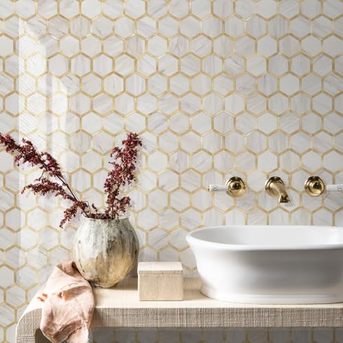 STICKGOO Hexagon Peel and Stick Backsplash Tile, Stick on Backsplash for Kitchen and Bathroom, Glossy Eurasian Wood Grain PVC Mixed Metal Gold Self Adhesive Wall Tiles(10 Sheets, Seamless) - color: Eurasian Wood Grain with Metal Gold