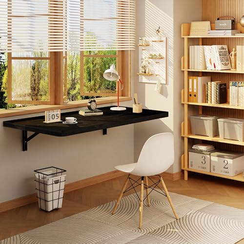 IAE Floating Wall Mounted Folding Table Desk with Pine Wood,36x22in, Black | Foldable Workbench,Fold Down Wall Mounted Foldable Desk with Shelf Brackets,Laundry Folding Table for Home,Dining,Kitchen - color: Black, size: 36*22*10 Inch