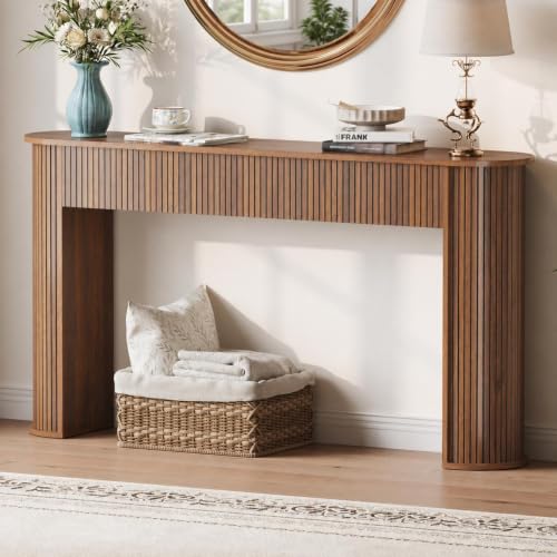 Garvee 59" Modern Fluted Console Table for Entryway,Living Room,Walnut | Sofa Table Behind the Couch, Hallway Tables, Curved Tabletop, Reinforced Legs, Anti-Tip & Non-Slip Structure - color: Walnut