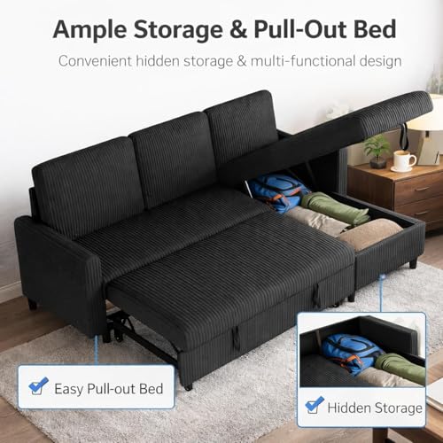 77" Pull Out Sleeper Sofa Bed with Storage Chaise, L-Shaped Corduroy Sectional Couch, 3-Seater Convertible Sofa Bed for Small Space, Apartment & Guest Room, Pet-Friendly & Easy Assembly, Black