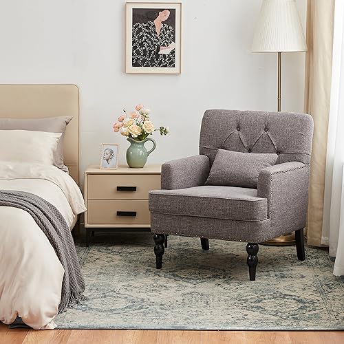HUIMO Accent Chair, Tufted Upholstered Club Chair, Grey | Tufted upholstered club chair with lumbar pillow and solid wood legs. Suitable for living rooms, bedrooms, and reading nooks. - color: Grey