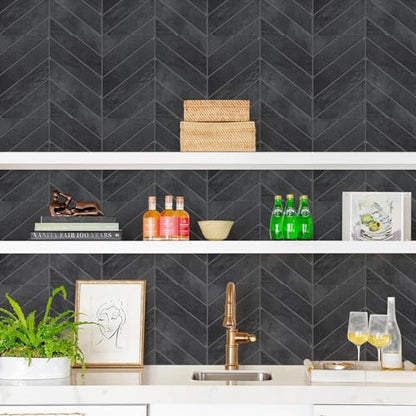 STICKGOO Herringbone Peel and Stick Backsplash, Black/Grey Grout, 10 Sheets | 12.6 x 9.7 in, Thicker Rectangular Vinyl Stick-On Wall Tiles, Easy Alignment, Waterproof, Easy to Clean, Kitchen/Bathroom - color: Shiny Black With Dark Grey Grout, size: Pack o