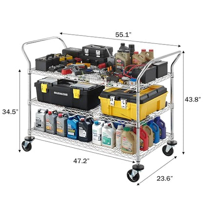 Finnhomy 3-Tier Commercial Grade Rolling Cart, Heavy Duty Utility Carts with Wheels and Handles, Kitchen Trolly on Wheels, Metal Serving Shelves with 700 lbs Capacity, Shelf Size 24" D x 48" W, NSF - size: 23.6"D x 55.1"W x 43.8"H