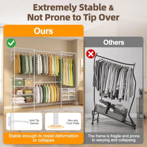Expandable Clothes Rack, 15.7" D x (70.9"-90.6") W x 76.8" H, White | Freestanding Wire Garment Clothing Rack with 4 Hanging Rods, Max Load 1000lbs, Adjustable, Heavy Duty - color: White