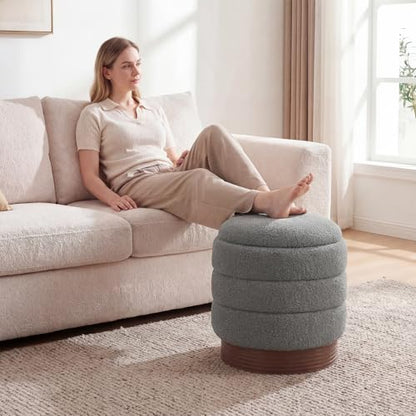 Giantex Round Ottoman with Storage, 360° Swivel Boucle Vanity Stool with Removable Lid, No Assembly Ottoman Foot Rest for Living Room, Bedroom, Makeup Room (Gray & Brown)