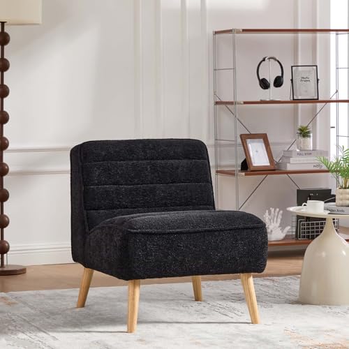 Velvet Slipper Chair, Armless Upholstered Accent Chair with Black Wood Legs, Modern Lounge Chair for Living Room, Bedroom, Office & Reading Nook (Black+Wood) - color: Black+wood
