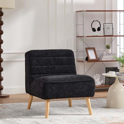 Velvet Slipper Chair, Armless Upholstered Accent Chair with Black Wood Legs, Modern Lounge Chair for Living Room, Bedroom, Office & Reading Nook (Black+Wood) - color: Black+wood