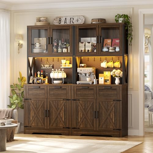 Unikito 71" Kitchen Pantry Cabinet with LED Light & Outlet, Microwave Stand | Weathered Brown, DIY Pegboard Panel, Storage Drawers, Adjustable Shelves, Freestanding Food Pantry Hutch for Dining Room - color: Weathered Brown, size: 32 Inch