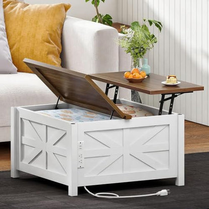 31.5" Lift Top Coffee Table, Farmhouse Coffee Table with Charging Station and Storage, 2 AC Outlets and 2 USB Ports, White and Walnut MKF02UWAN1