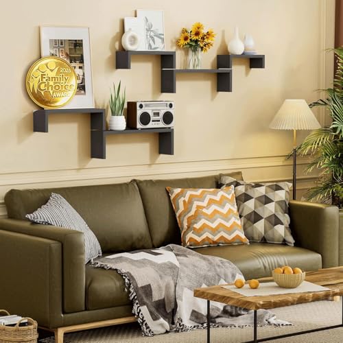 SRIWATANA Black Floating Shelves, Set of 5 Solid Wood Wall Mounted Shelves | Space-Saving 5-Pack Wall Shelves for Industrial Home Decor; Perfect to Display Collectibles or Organize Office Supplies - color: Weathered Black