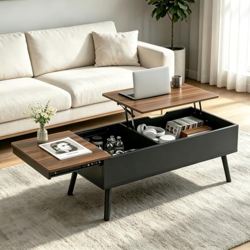 Lift Top Coffee Table with Storage for Living Room, Walnut Black | Large Hidden Compartments, Lifting Top, Slide Desktop, Modern Wooden Coffee Tables, for Home Office