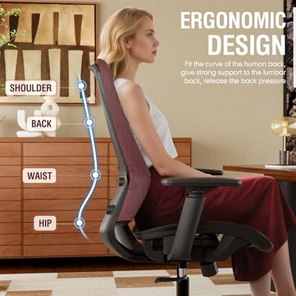 Mesh Office Chair,Ergonomic Computer Desk Chair,Sturdy Task Chair- Adjustable Lumbar Support & Armrests,Tilt Function,Comfort Wide Seat,Swivel Home Office Chair (Red) - color: Red