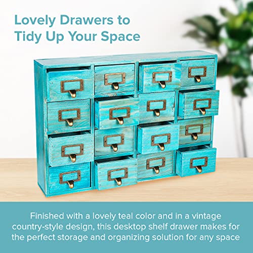 Teal 16-Slot Wooden Drawer Unit - Country Style Desk Organizer Box - 20"x3.6”x14” Wooden Storage Box w/ 16 Drawers - Countertop Drawers w/Label Holder & Handle - Slim 4-Level Desk Organizer - color: 16 Drawer Turquoise Teal