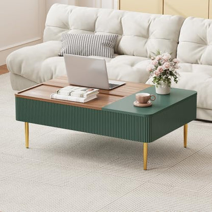 HLR 47" Dual Lift Top Coffee Table with Storage, Modern Wood Fluted Coffee Table with Hidden Compartment,Lift Tabletop Dining Center Table for Living Room, Office (Green)