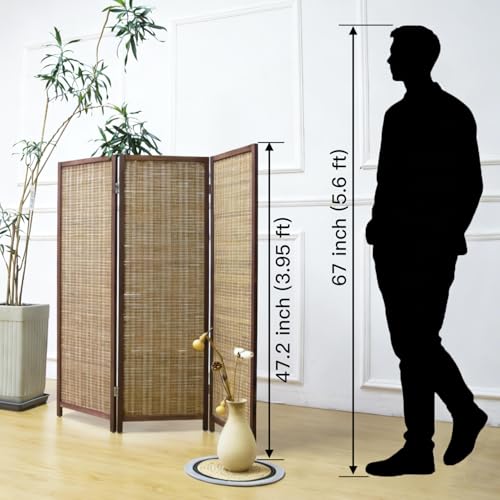 3 Panel Short Room Divider Screen,Brown Freestanding Partition,Small Bamboo Panel Divider for Room Seperation,3.95 FT Tall - color: Brown, size: 3 Panel