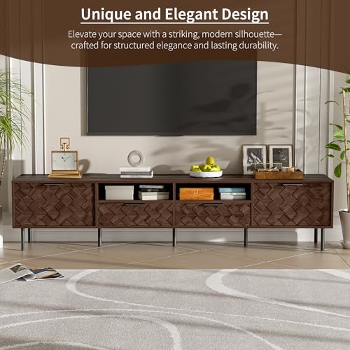 Modern TV Stand 78 inch for TVs up to 85 inch, Large Media Console with 3D Diamond Pattern and Cable Management for Living Room, Wood Entertainment Center with Soft-Closing Hinges, Dark Brown - color: Dark Brown-g
