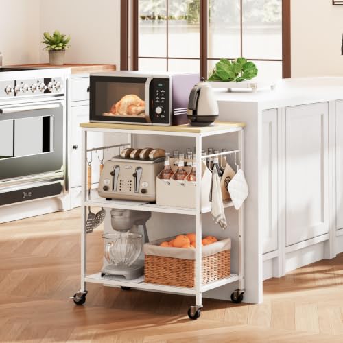 Homleke 3-Tier Rolling Kitchen Microwave Cart, Utility Cart | with Lockable Wheels Coffee Bar Table Station with 6 Hooks, Small Appliance Storage Shelf, White and Natural - color: White and Natural