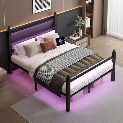 CLIBFENG Queen Size Bed Frame with Headboard and Footboard,Steel Slats Support-LED Bed Frame with USB Charging Station,Mattress Foundation-Under Bed Storage,No Box Spring Needed,Noise Free,Black - size: Queen, style: Black