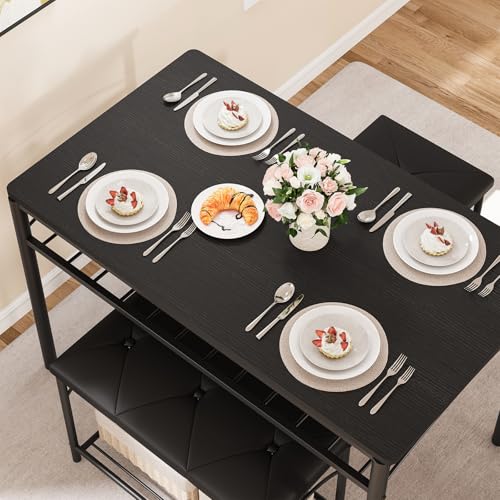 Space-Saving Dining Table Set for 4, Modern Kitchen Dinette with Padded Upholstered Bench & 2 Stools, Anti-Wobble Metal Frame Dining Furniture with Multi-Layer Storage Shelf, Waterproof Wood Grain Tab - color: Black