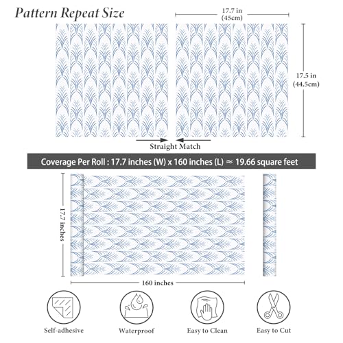 Blue White Geometric Peel and Stick Wallpaper Removable Abstract Vertical Striped Wallpaper Prepasted Boho Geometric Wall Mural 17.7"x160" Waterproof Blue Contact Paper for Bathroom Nursery