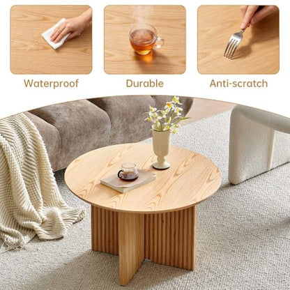 27" Round Coffee Table, Mid Century Modern Coffee Tables with Fluted Base, Wooden Circle Accent Center Table for Living Room Small Space Apartment Office, Oak - color: Oak, size: 27" Cross-leg Table
