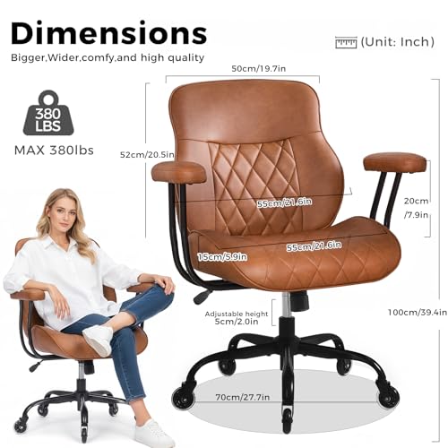 BEWISHOME Brown Leather Office Chair with Quiet Rubber Wheels | 380 lb Capacity, 22" Wide Seat, Removable Armrests, Lumbar Support ,Ergonomic Design for Home Office. Mid Century Modern