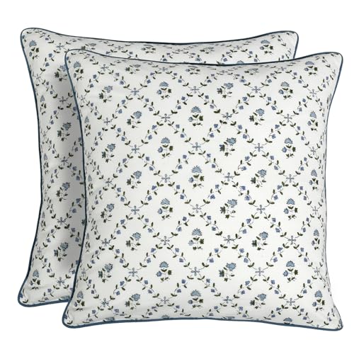 Block Print Powder Blue Pillow Cover 16" x 16" (Pack of 2) Decorative Couch Pillows for Living Room, Farmhouse Chic Boho Cute Outdoor Pillows Covers Gifts for Spring, Mother's Day - color: Powder Blue, size: 16" x 16" (Pack of 2)