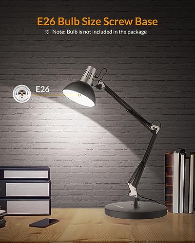 LEPOWER Metal Adjustable Desk Lamp with Clamp, Swing Arm for Home Office | Gooseneck, Architect Style, Eye-Caring Table Lamp, On/Off Switch, E26 Base, Reading for Dorm, Bedroom, Study, Back to School - color: Black