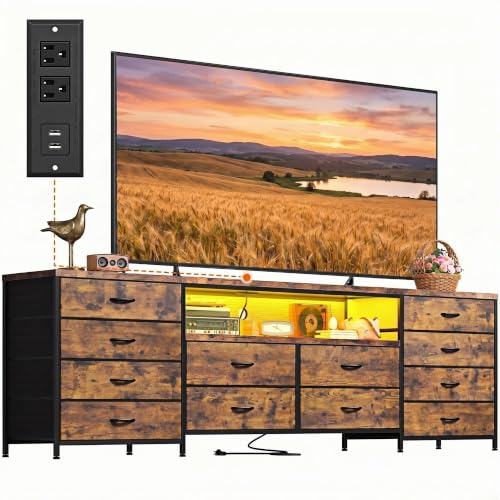 EnHomee 12 Drawers Dresser for Bedroom,TV Stand Fits 55/65/70 inch TVs | Entertainment Center with LED Lights & Power Outlets,Long Fabric Dresser with 2 Wood Shelves for Living Room,Brown Wood Grain - color: Brown Wood Grain