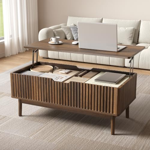 39” Fluted Lift Top Coffee Table with Storage, Walnut | Mid Century Modern Coffee Table for Living Room, Home Office - color: Walnut, size: 18.9"D x 39.4"W x 16.5"H