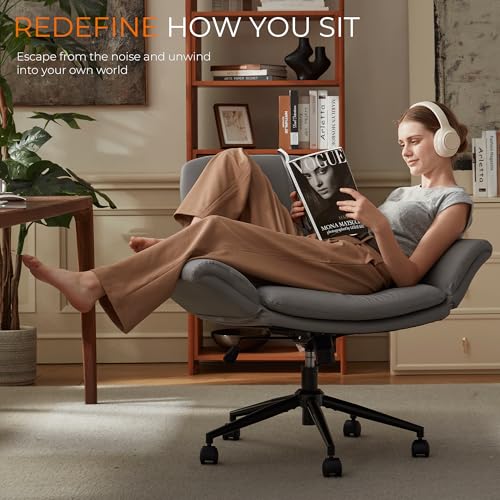 Dowinx Criss Cross Chair with Five-Level Adjustable Arms and Wheels - Comfortable Ergonomic PU Leather Swivel Vanity Chair - Computer Makeup Gaming Chair for Home Office,Bedroom,Vanity Room-Light Grey - color: Light Grey
