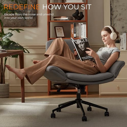 Dowinx Criss Cross Chair with Five-Level Adjustable Arms and Wheels - Comfortable Ergonomic PU Leather Swivel Vanity Chair - Computer Makeup Gaming Chair for Home Office,Bedroom,Vanity Room-Light Grey - color: Light Grey