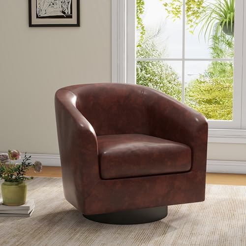 Swivel Accent Chair, Faux Leather Barrel Club Chair, Red Brown | Modern Round Armchair | Comfy Reading Seat with Removable Cushion | For Living Room, Bedroom, Office - color: Deep Brown