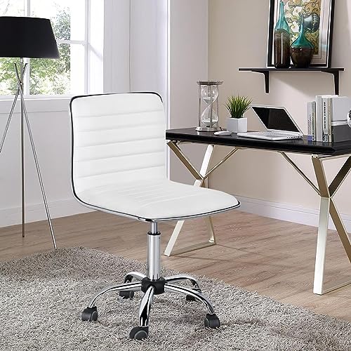 Topeakmart Ribbed PU Leather Armless Desk Chair, Swivel Task Chair, White | Cushioned ribbed PU leather low-back seat slides neatly under desks. Seat height adjusts 18.3–24.2 in, quick assembly for use - color: White