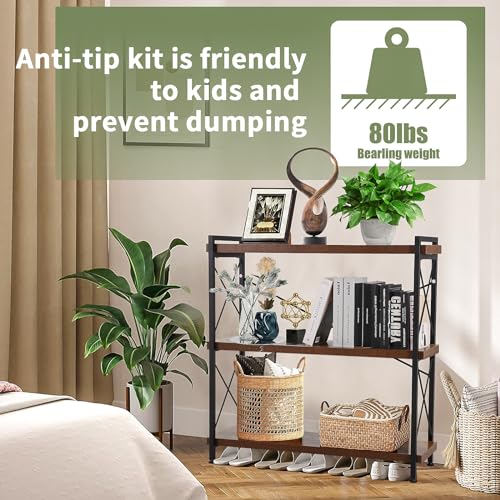 CROWNFURN 3 Tier Bookshelf 35.43" Width, Rustic Open 3 Shelf Short Bookcase with Metal Frame, Industrial Book Shelf for Home Office Bedroom Living Room (Rustic Brown)