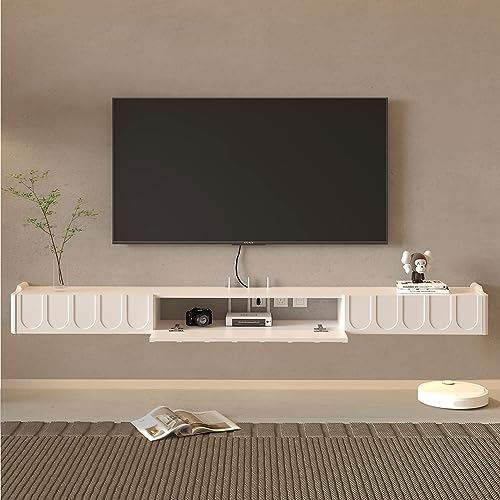 Floating TV Shelf in Solid Wood, 81'' High Gloss Wall Mounted TV Cabinet, Floating Shelves with Door & Drawers, Modern Entertainment Media Console Center Large Storage TV Bench (White) - size: 80.71''