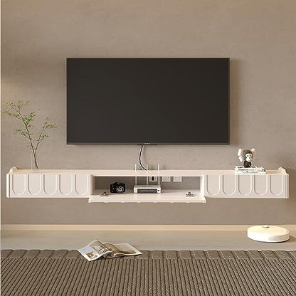 Floating TV Shelf in Solid Wood, 81'' High Gloss Wall Mounted TV Cabinet, Floating Shelves with Door & Drawers, Modern Entertainment Media Console Center Large Storage TV Bench (White) - size: 80.71''