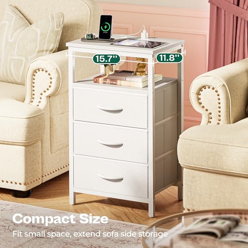 Huuger Night Stand with Charger Station and LED Lights, 3 Drawer Nightstand | Bed Side Table with Open ShelfEnd TableTall Fabric Dresser for Bedroom, PU Leather, White - color: White, size: 11.8"D x 15.7"W x 27.6"H（3 Drawers）