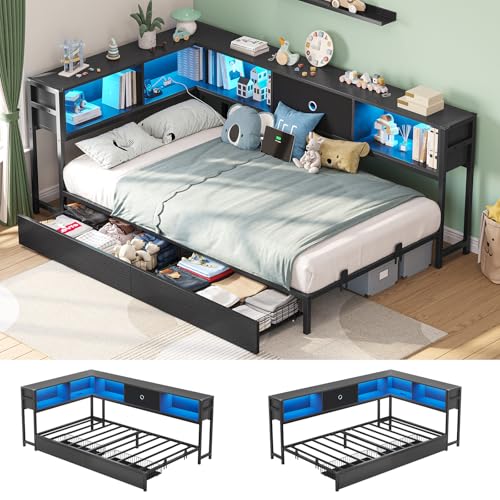 Twin Corner Bed Frame with Storage Drawers and Bookcase Headboard, Twin Size Metal Platform Corner Bed Frame with Charging Station and LED Lights, Twin Daybed for Kids Teens Guests, Black - color: Black, size: Twin