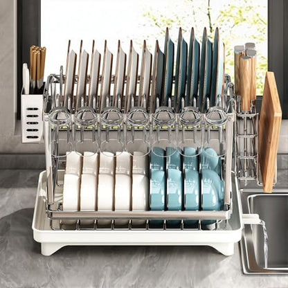 TarnorLe Double Layer Dish Drying Rack, Storage Super Large Bowl Dish Rack, Multifunctional Kitchen Countertop with Drain Pan, 304 Stainless Steel Kitchen Drying Rack, Tableware, Glass Drying Rack
