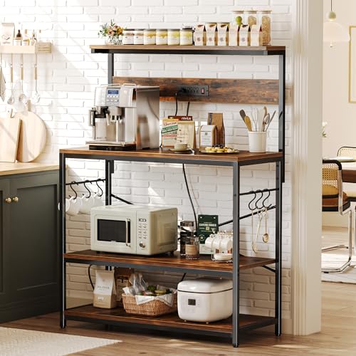 SUPERJARE Bakers Rack with Power Outlets, Microwave Stand, 39.4 X 14.3 Inch Larger Desktop, Kitchen Storage Rack with Adjustable Middle Shelf, 6 S-Shaped Hooks, Coffee Bar Stand, Rustic Brown - color: Rustic Brown, size: 39.4inch