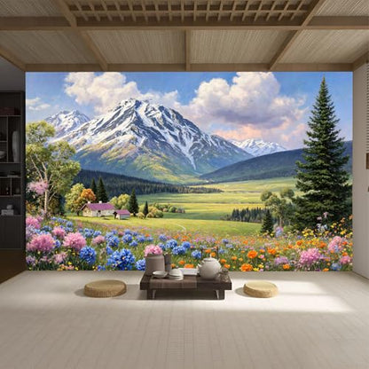 Custom Size Wall Murals, Natural Scenery & Colorful Flowers, Self-Adhesive Removable Fabric (NO PVC) Wallpaper for Living Room & Bedroom & Office