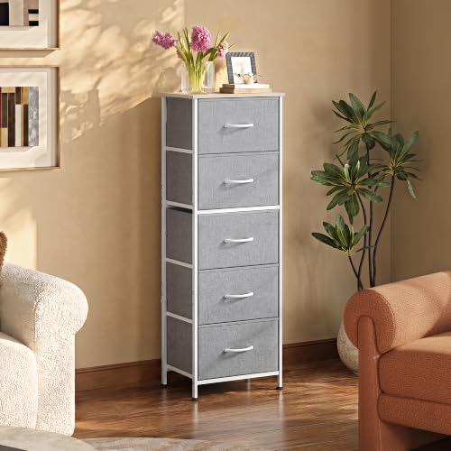 WLIVE Tall Dresser for Bedroom, 5 Drawer Dresser, Light Grey | 5 vertical fabric drawers, Tall vertical design, Bedroom or closet use, Dresser for small spaces, Chest of drawers - color: Light Grey