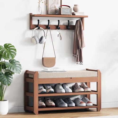 27.6" Bamboo Shoe Bench with Cushion, 5 Hooks Coat Rack, 2-Tier Storage Bench for Entryway, Heavy Duty Shoe Rack Organizer with Removable Soft Cushion for Living Room Bedroom Hallway - size: 27.6" 2-Tier