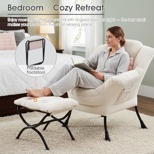 Lazy Chair with Ottoman, Comfy Reading Chair for Bedroom, Beige | Comfy Bedroom Accent Chair with Washable Removable Cover and extra throw pillow for Living Room Dorm - color: Velvet Beige