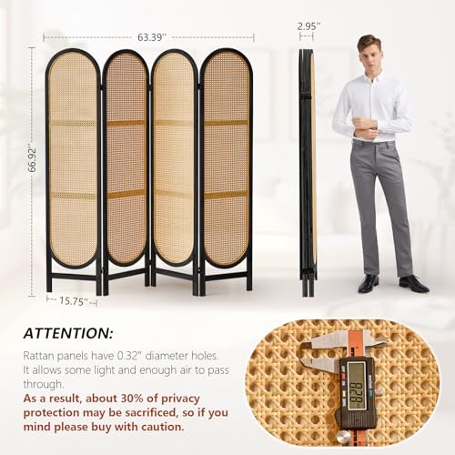 4 Panel Room Divider, Hand-Woven Rattan Room Divider Screen, Folding Privacy Screens with Double Hinges, Wooden Freestanding Wall Divider for Room Separation Bedroom Home Office - Black - color: 4 Panels Black, size: 4 Panels