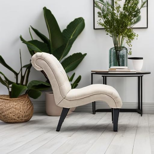 Mid Century Modern Accent Chair, Button Tufted Armless Lounge Chair, Upholstered Linen Side Chair with Solid Wood Legs for Bedroom, Living Room, Office - color: Cream, size: 1 Chair