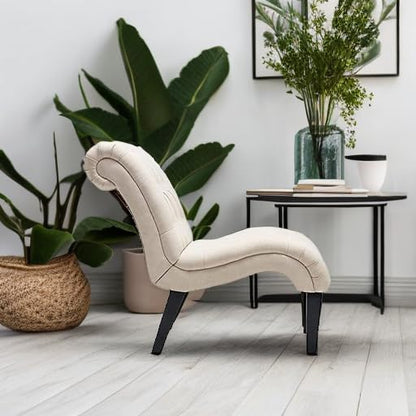 Mid Century Modern Accent Chair, Button Tufted Armless Lounge Chair, Upholstered Linen Side Chair with Solid Wood Legs for Bedroom, Living Room, Office - color: Cream, size: 1 Chair
